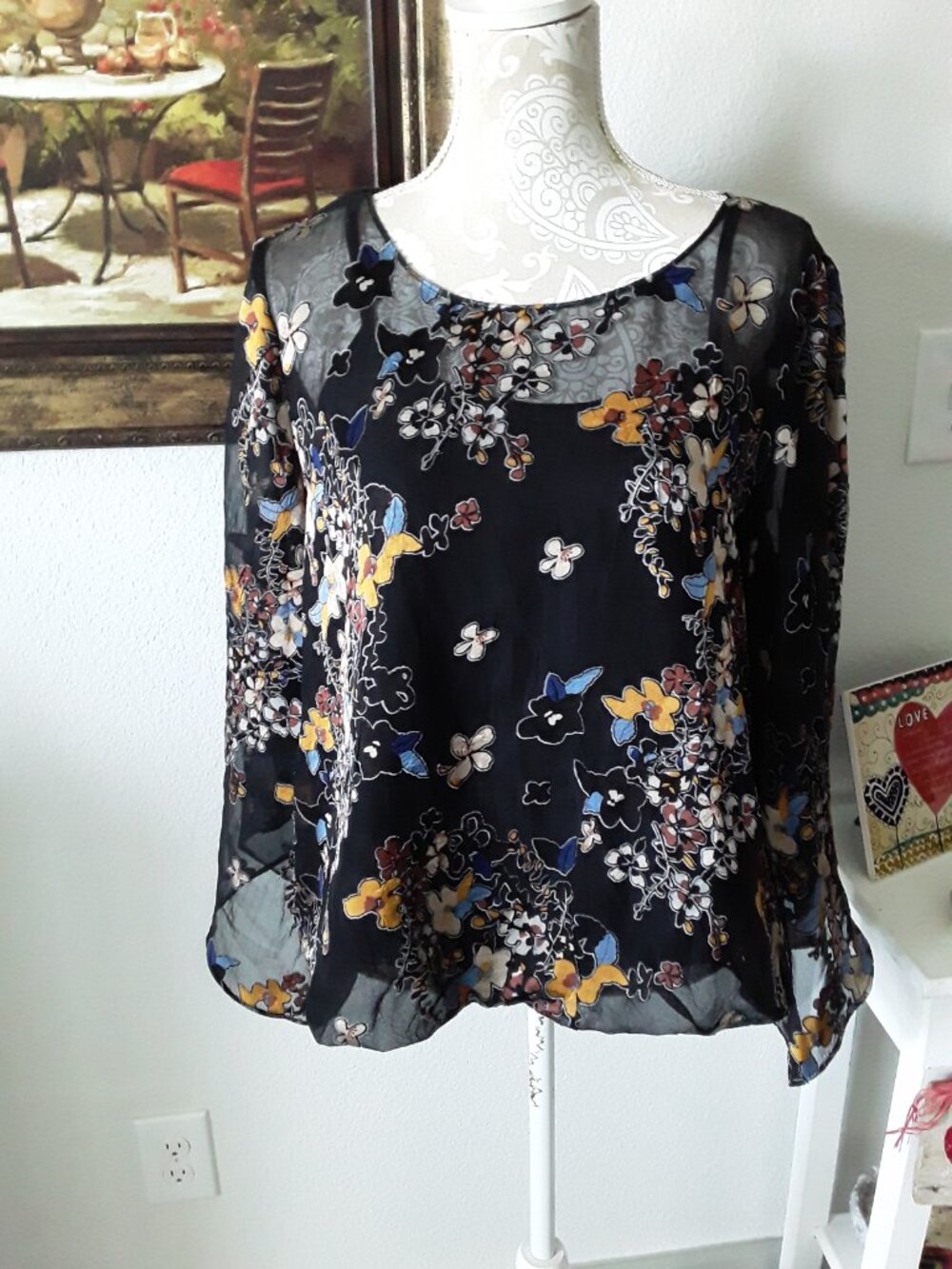 Alfani Black Sheer Floral Blouse with Yellow and Blue Flowers